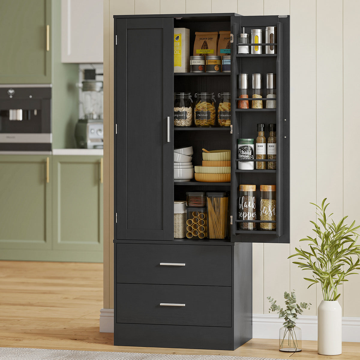 HOMCOM Vorratsschrank 8 Türablagen verstellbare Böden Küchenschrank 159 cm Schwarz – Produktabbildung 2