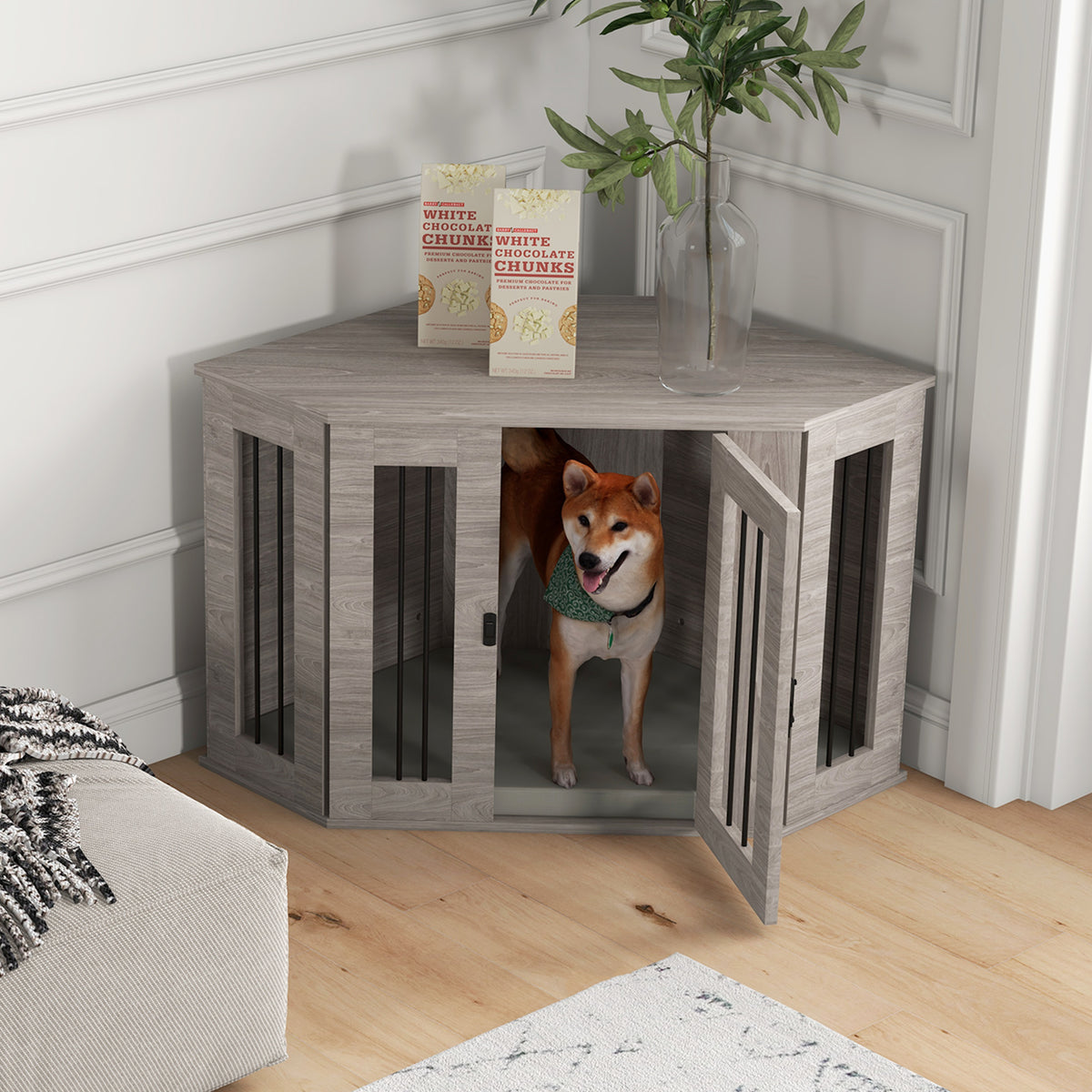 PawHut Hundebox, Hundekäfig, Eckdesign, inkl. Verriegelung, 1 Liegekissen, 104 x 55 x 63 cm, Braun – Produktabbildung 2