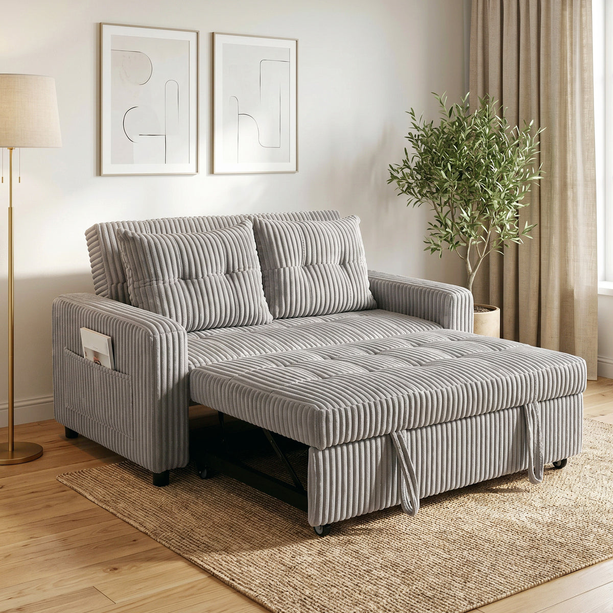 HOMCOM 2-Sitzer Sofabett, Cordbezug, zum Schlafsofa umwandelbar, 2 Kissen, Seitentaschen, 157 x 190 cm – Produktabbildung 2