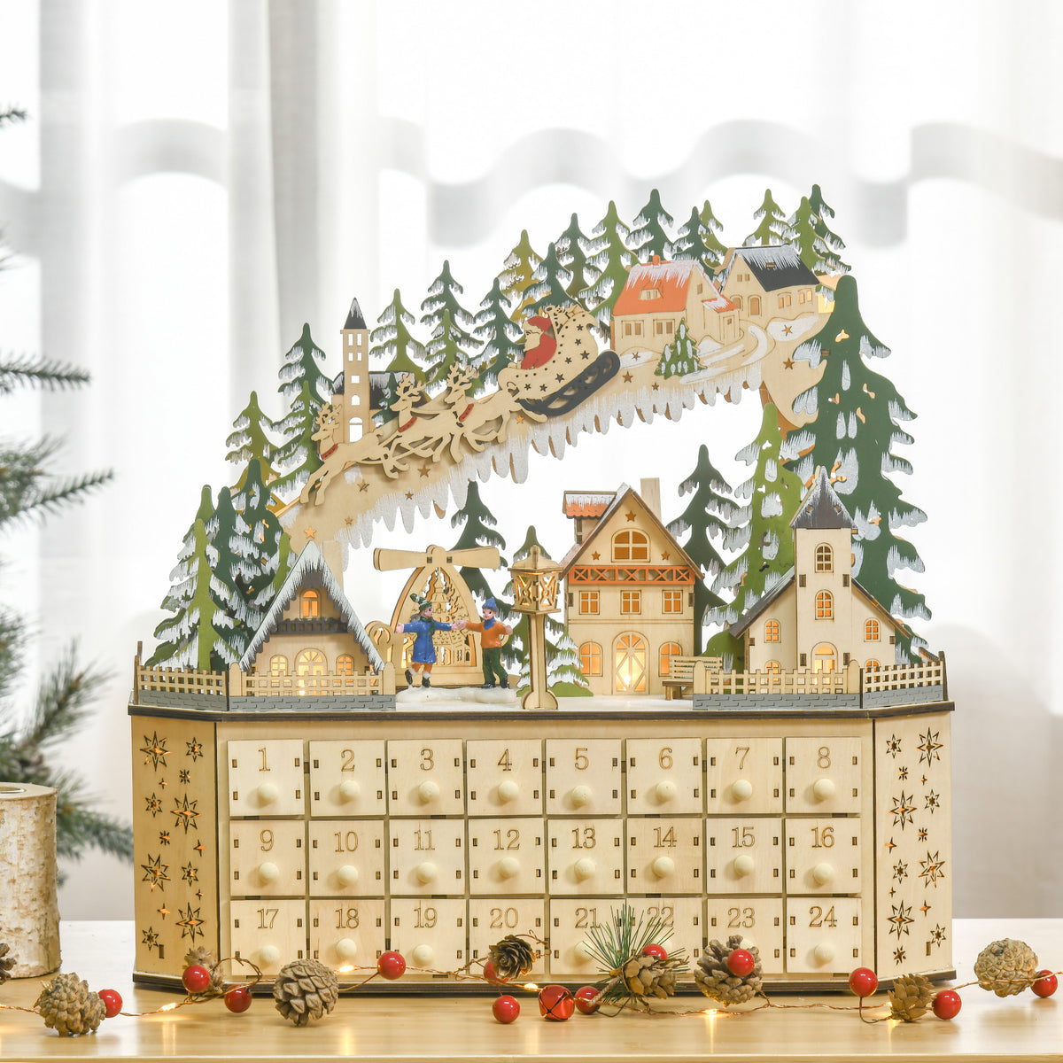 HOMCOM Adventskalender Weichnachtsdekoration Weihnachtsdeko, 24 Schubladen, LED-Lichter, 39 cm x 9 cm x – Produktabbildung 2