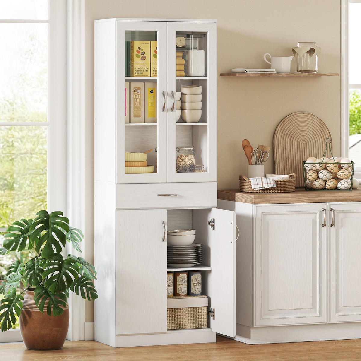 HOMCOM Küchenschrank Buffetschrank mit verstellbar Regal Schublade 2 Schrank Hochschrank mit Glastür 60 – Produktabbildung 2