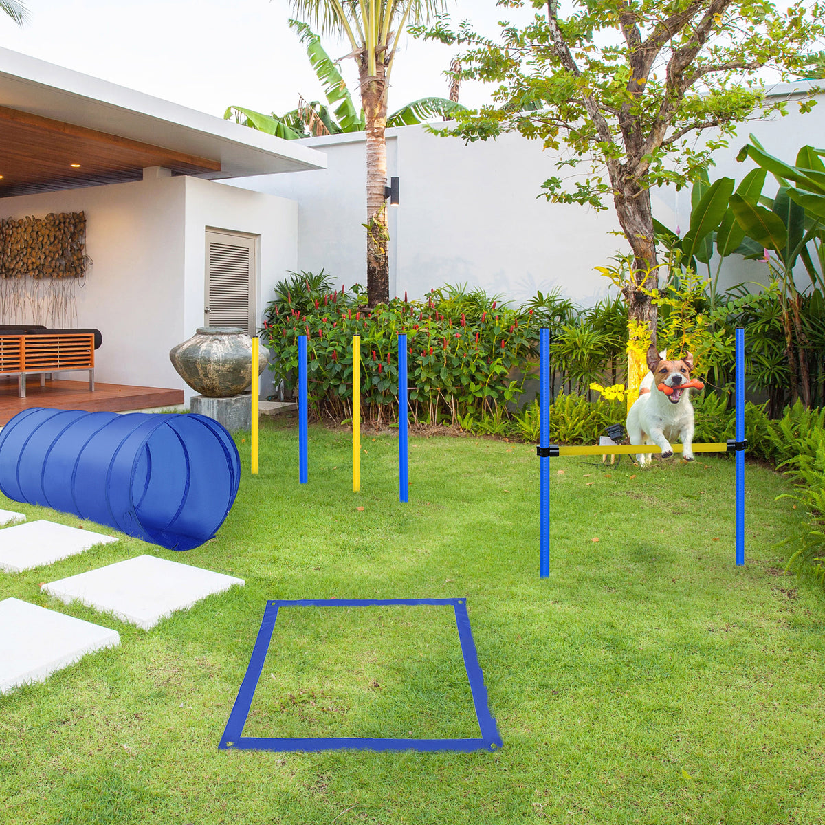 PawHut Agility Set höhenverstellbar Hunde Agility-Ausrüstung mit Hundetunnel 4 Slalomstangen Tragetasche – Produktabbildung 2