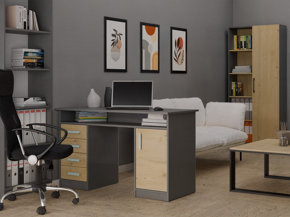 SCHREIBTISCH ADA ANTHRAZIT EICHE ARTISAN 125 cm 4 Schubladen Schrank Regale für Büro Zimmer Laptop – Produktabbildung 2