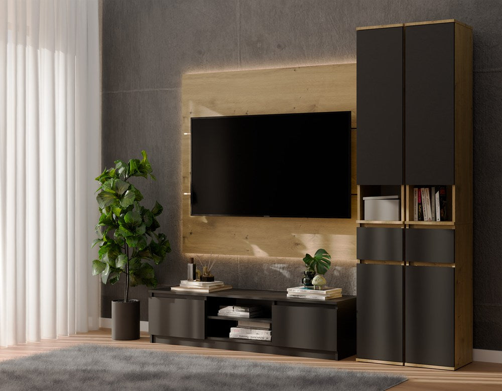 Hochschrank LIOR 2D1S EICHE ARTISAN / SCHWARZ Regal mit Schublade für Zimmer Büro – Produktabbildung 2