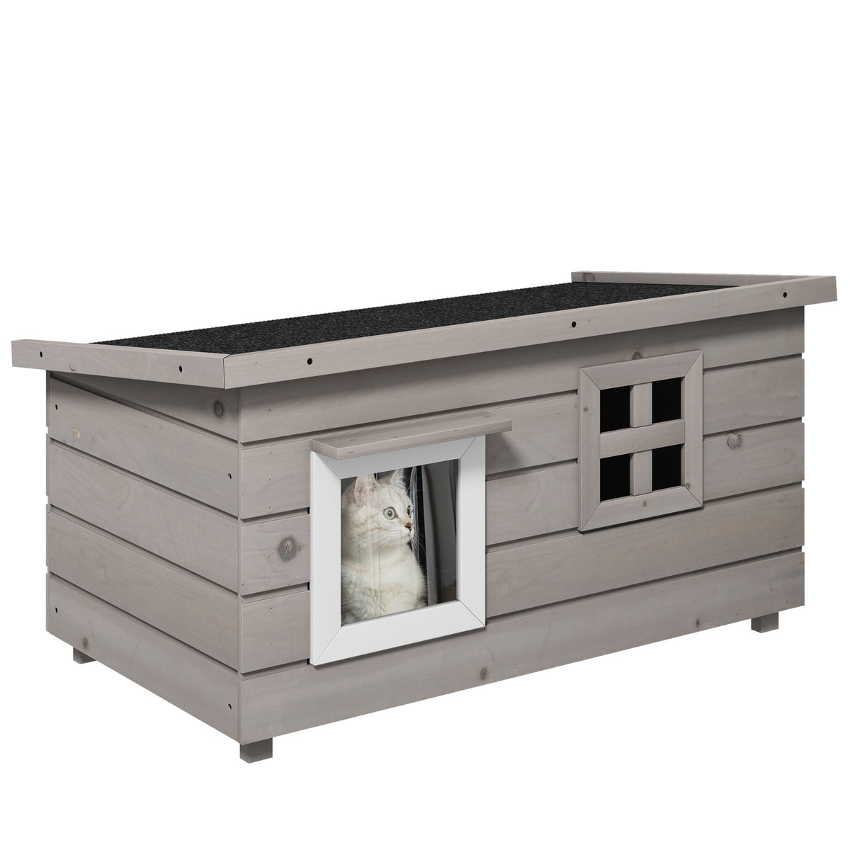 Waterproof Wooden Cat House, Cat Shelter with Asphalt Roof, Hinged Lid and Window, Winterproof Shelter, Outdoor