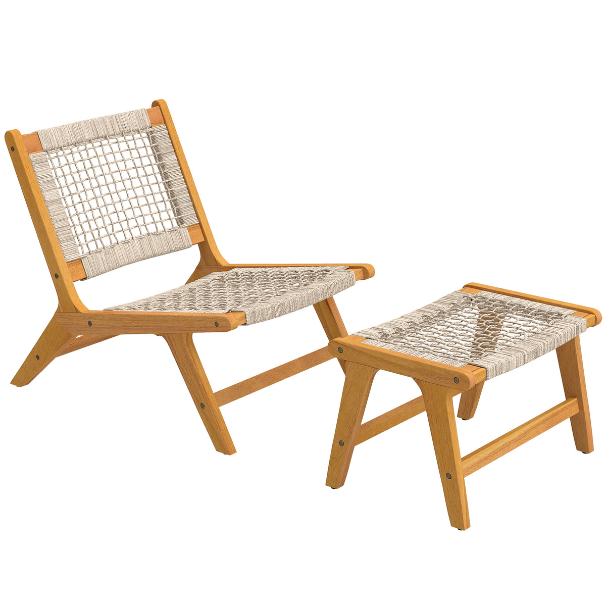 Outsunny Gartensessel mit Hocker 2-teilig Akazienholz Outdoor Loungesessel mit Rattan-Sitz Boho-Stil