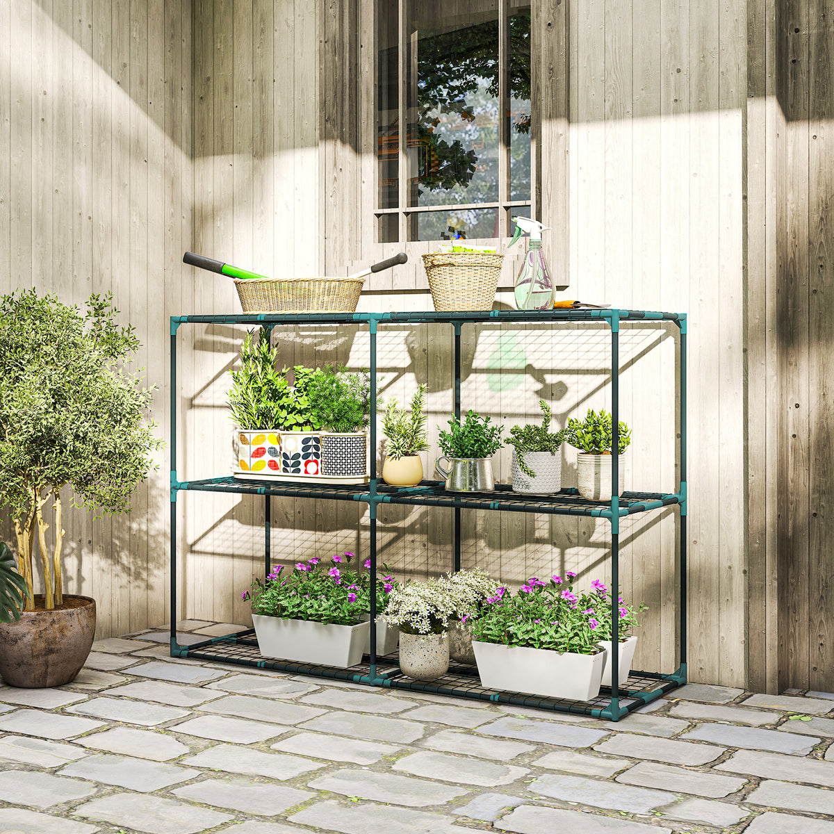 Outsunny 3-Etagen Pflanzenständer, 100 cm hoch Blumenständer mit Regalböden, mehrstöckig Stahl – Produktabbildung 2