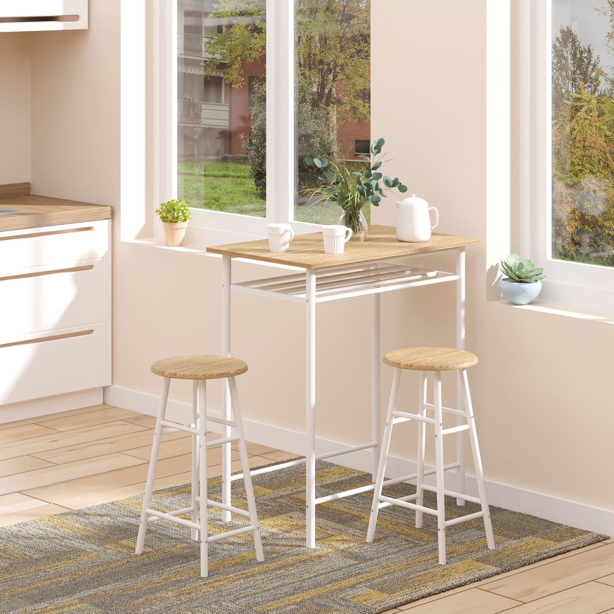 Bar Table Set, Bar Table with 2 Bar Stools, Dining Set, Kitchen Table with Storage Shelf, Dining Table for (2)