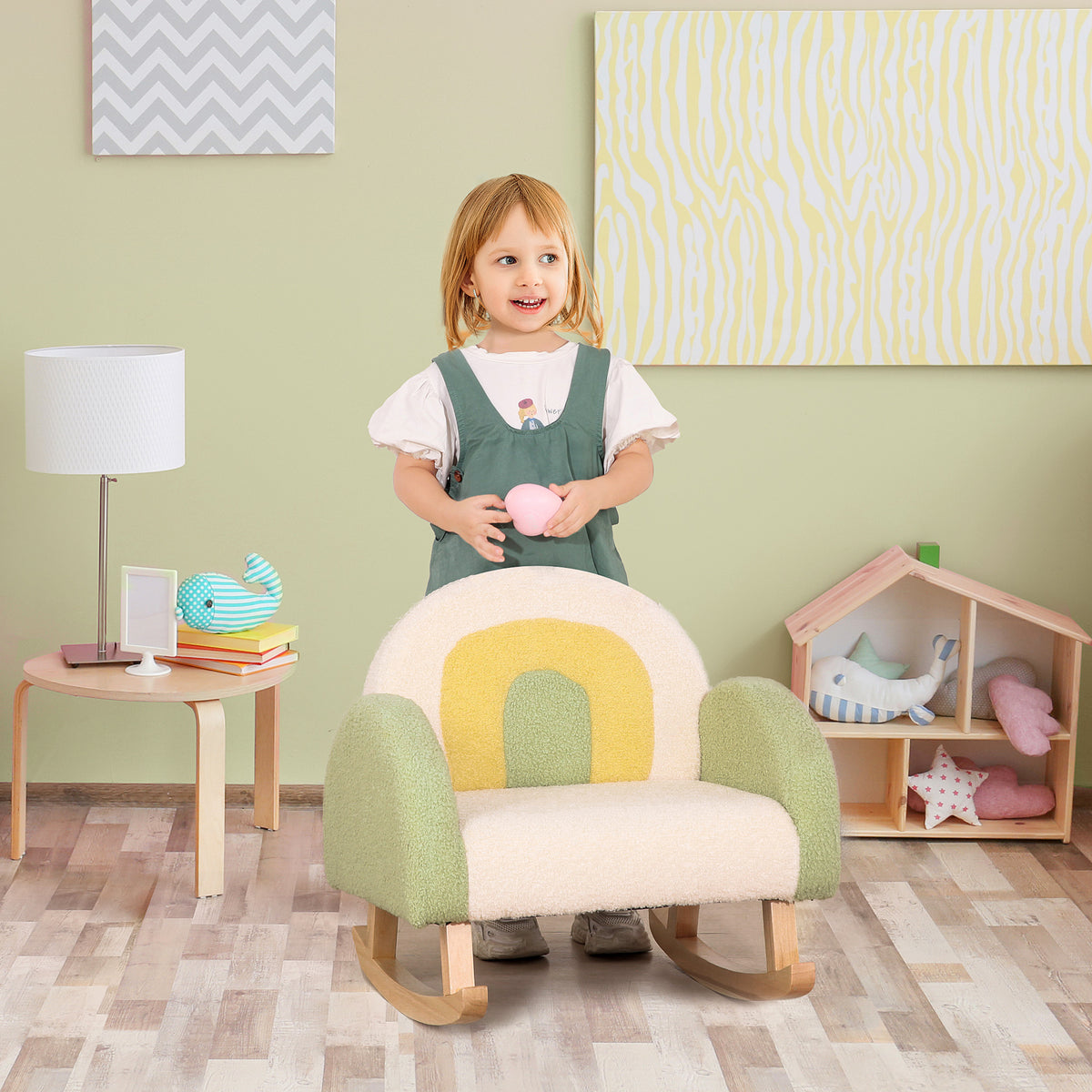 HOMCOM Schaukelstuhl für Kleinkinder Niedliches Design, Schaffell-Imitat, Eukalyptusholz Grün + Gelb – Produktabbildung 2