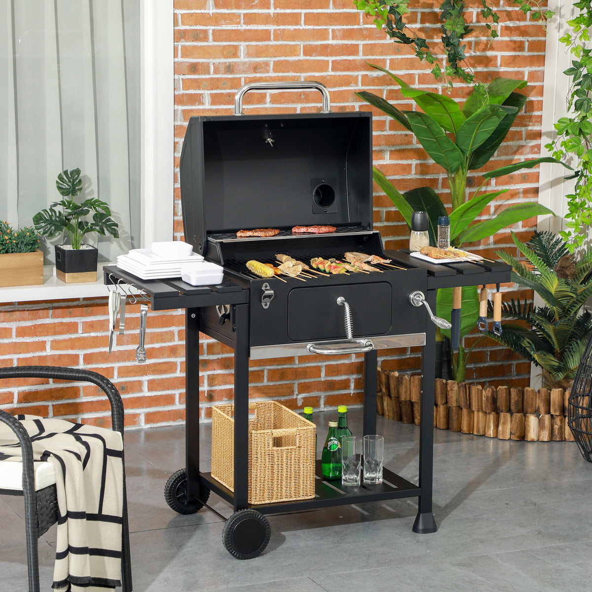 Charcoal BBQ Grill Smoker, incl. thermometer, bottle opener, 120 x 64 x 114 cm, black (2)