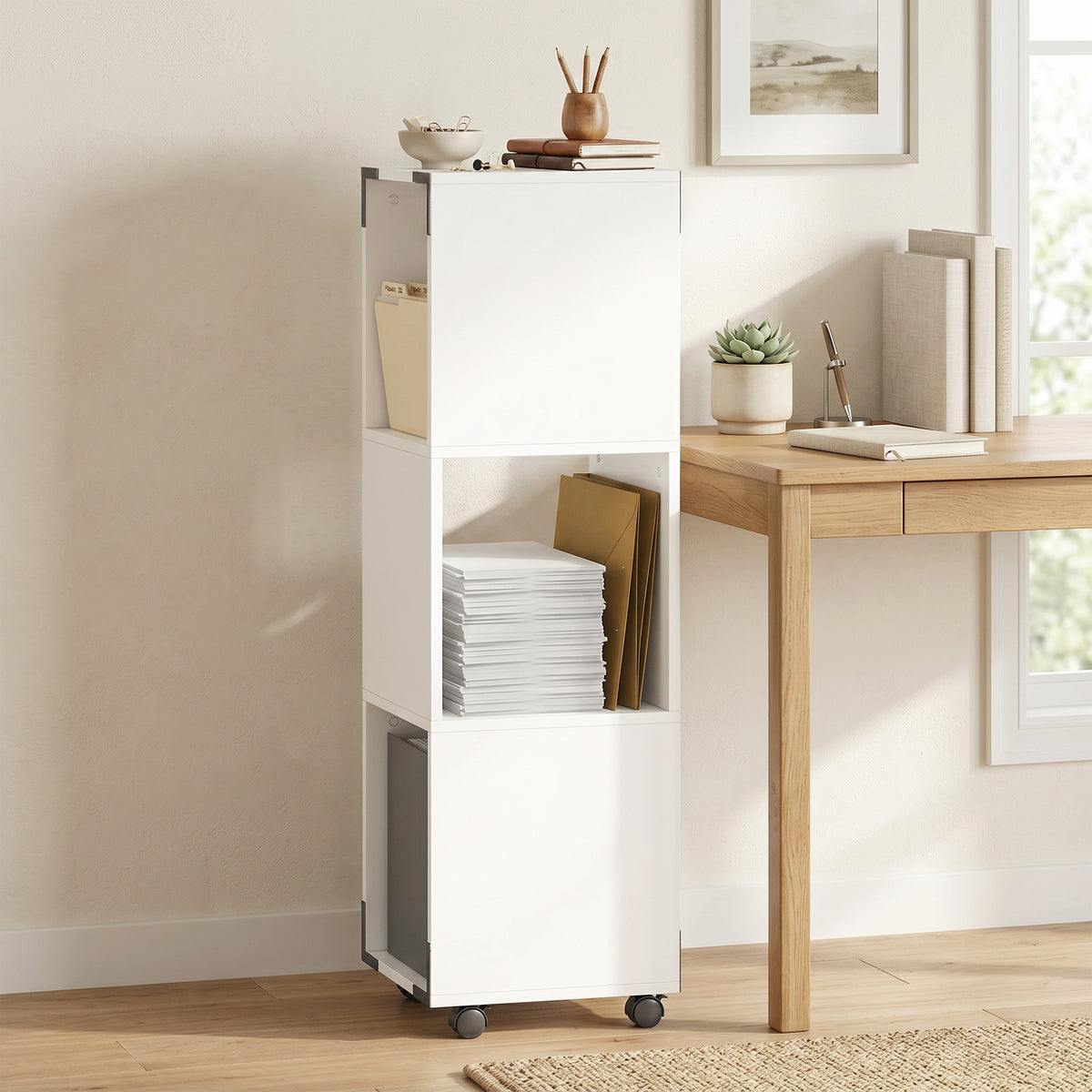 Mobile filing cabinet with 3 open compartments, printer stand on casters with 2 brakes, white (2)