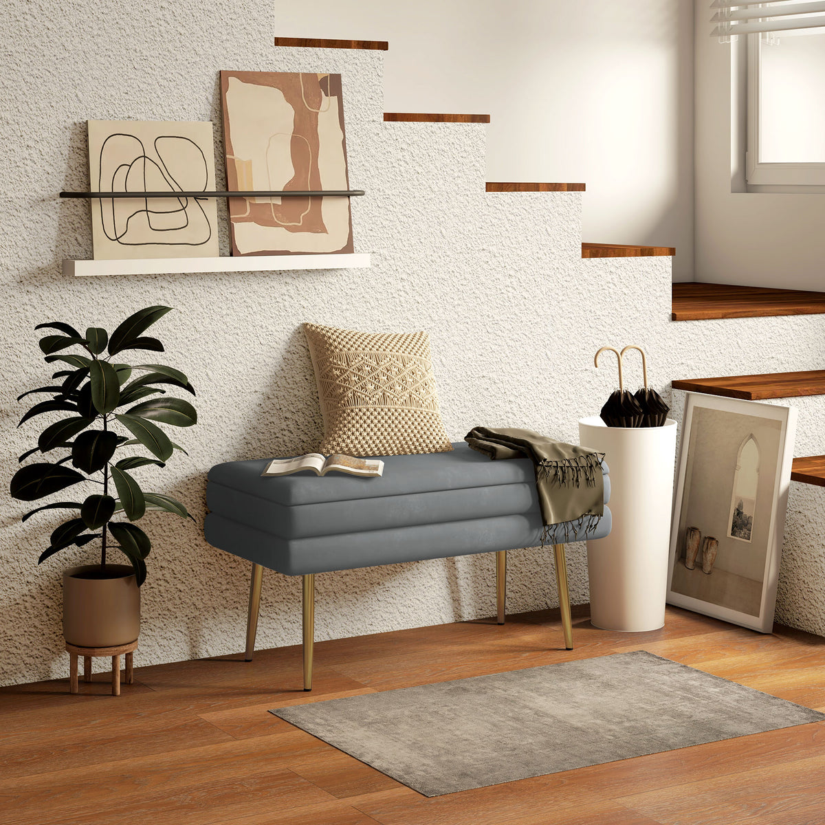 Upholstered storage bench, steel, 79.5 cm x 37.5 cm x 43 cm, dark grey (2)