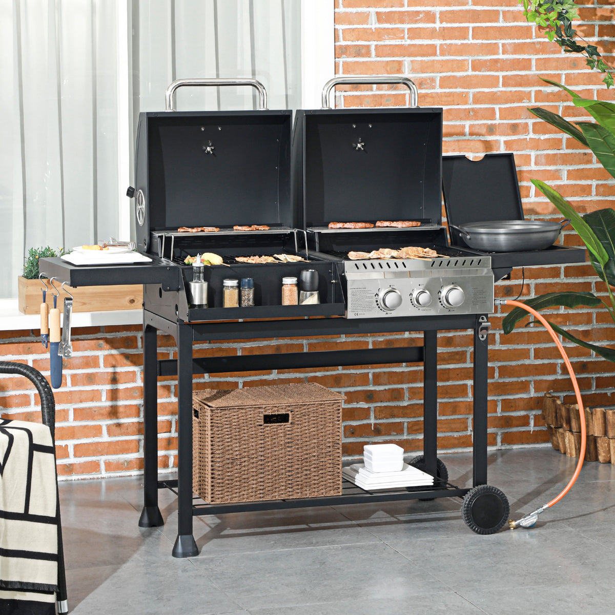 Gas grill BBQ grill, incl. thermometer, warming racks, 161 x 54 x 103 cm, black + silver (2)