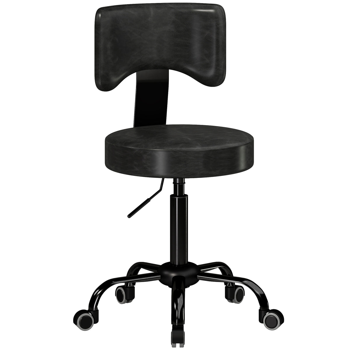 Rolling stool, height-adjustable salon chair made of PU leather with cushioned seat, backrest and casters, black