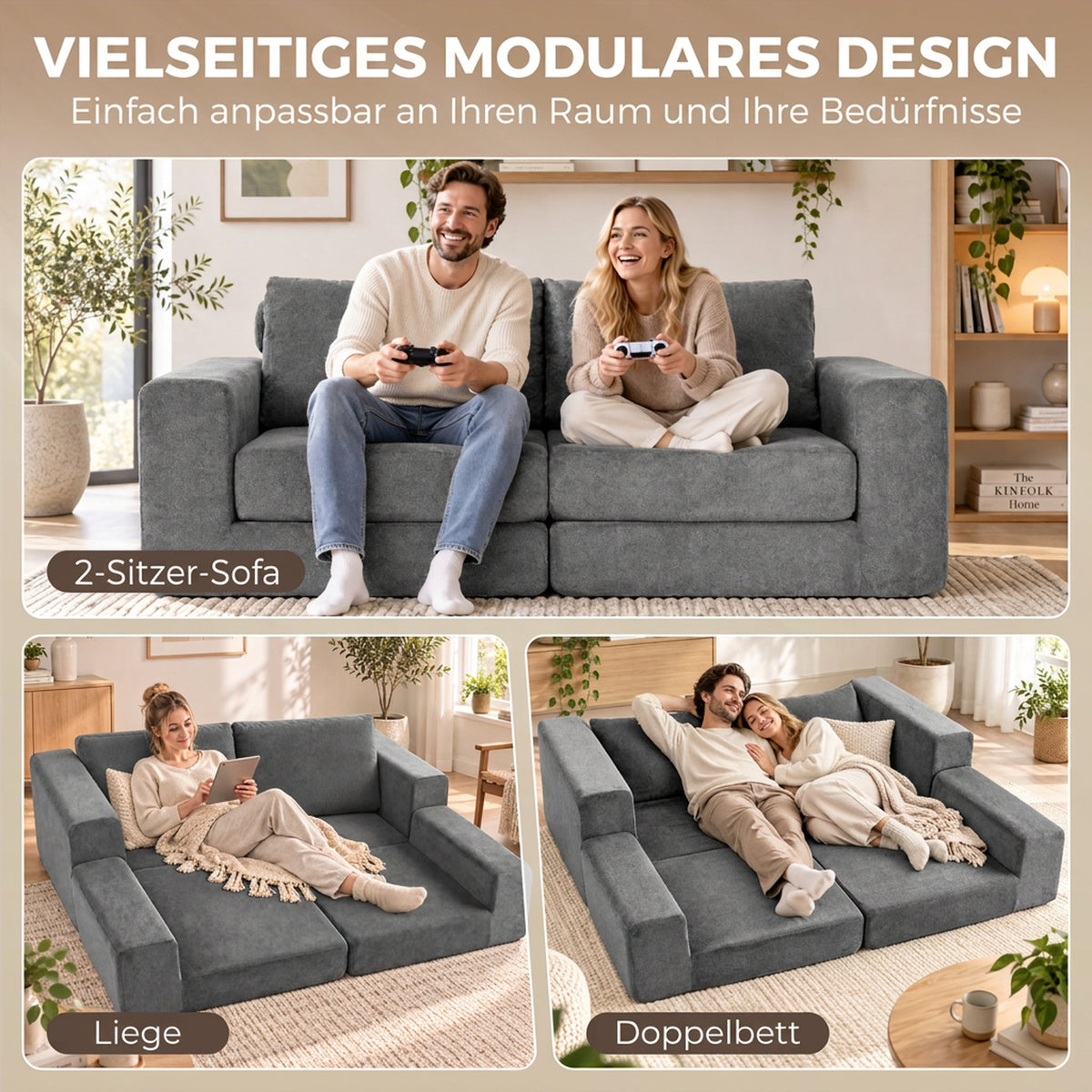 HOMCOM Schlafsofa 4-in-1 Schlaffunktion ausziehbar Klappsofa Kissen 2 Sitzer Grau – Produktabbildung 4