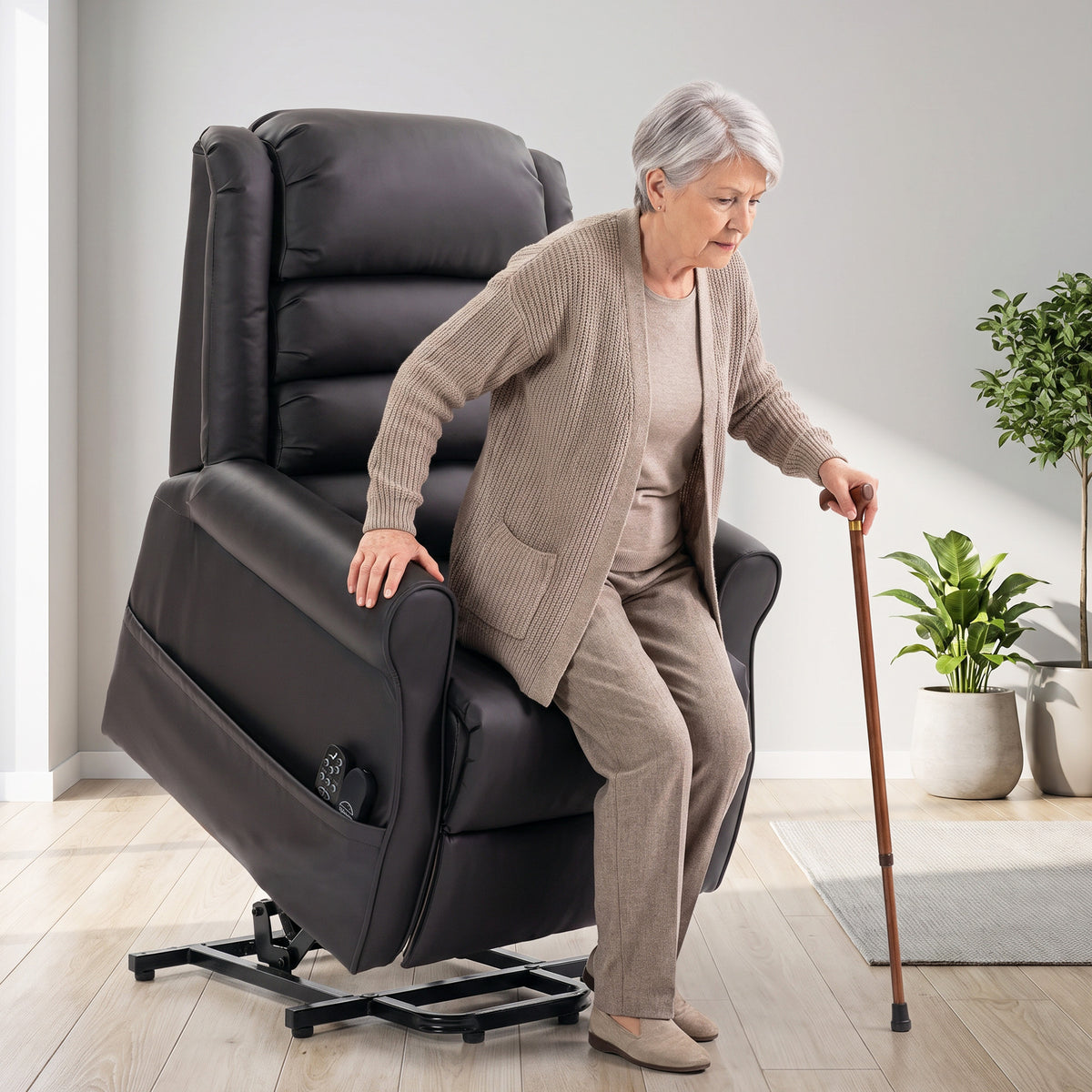 Electric lift chair with vibration massage and heat function, senior armchair made of brown PU leather (2)