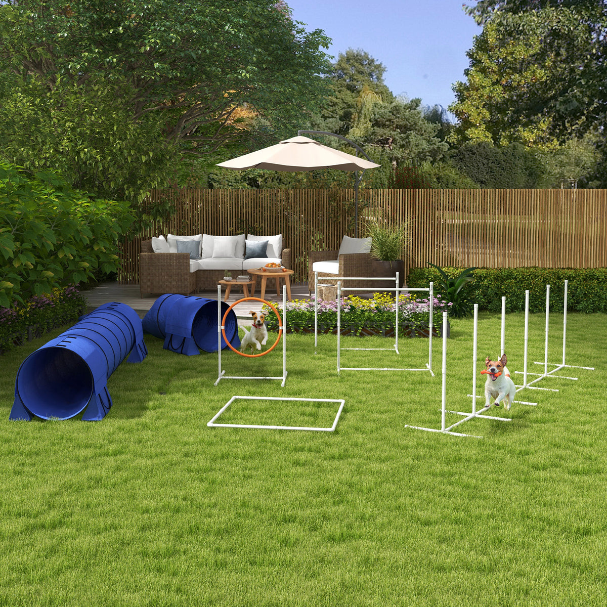 PawHut Hunde-Agiliy-Set Hundeparcours, 1 Reifen, 2 Tunnel 2 Hürden, 321 cm x 63c m x 93 cm, Blau + Rot+ – Produktabbildung 2