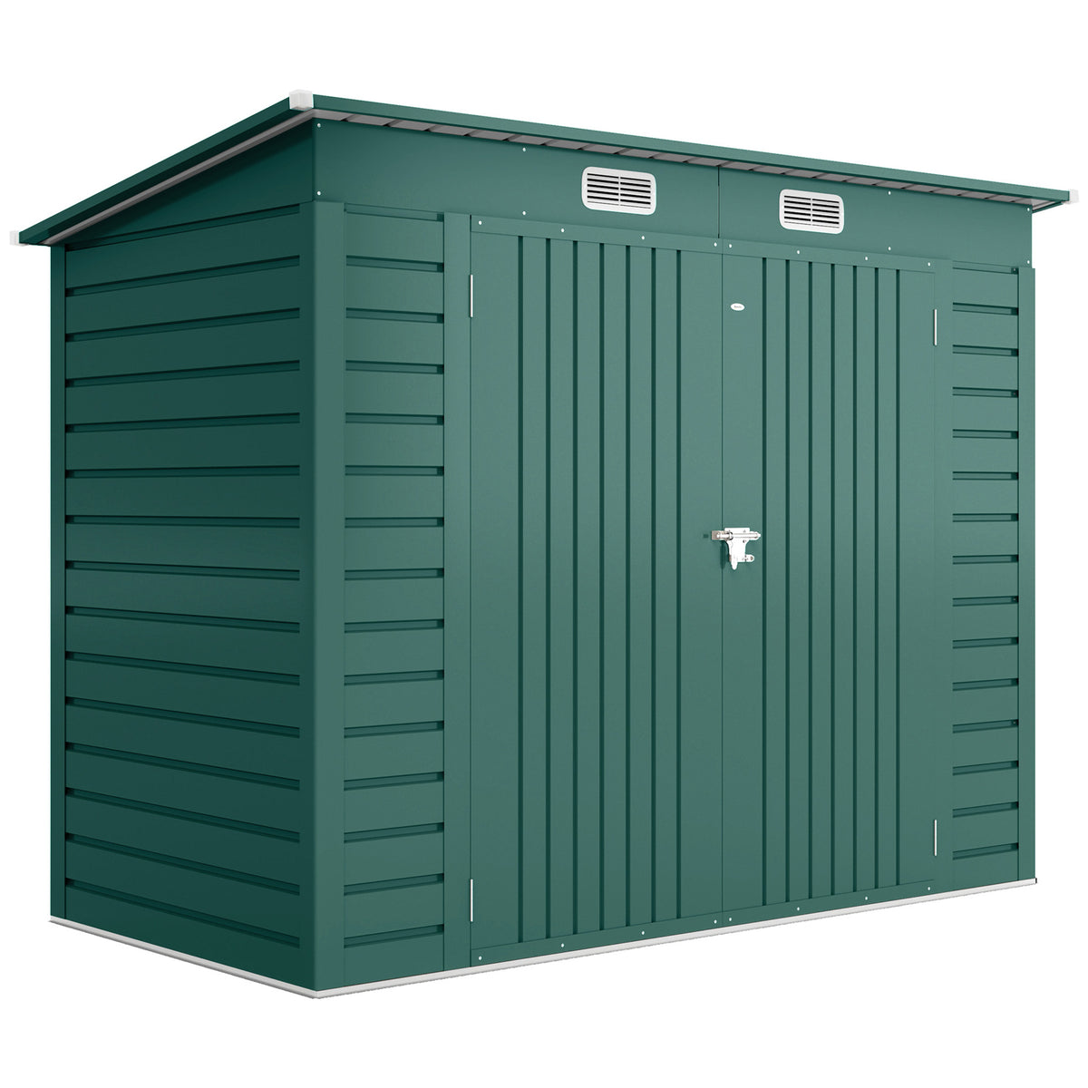 Tool shed, metal garden shed with pent roof, 249 x 121 x 166/183 cm, easy assembly, with double doors, green