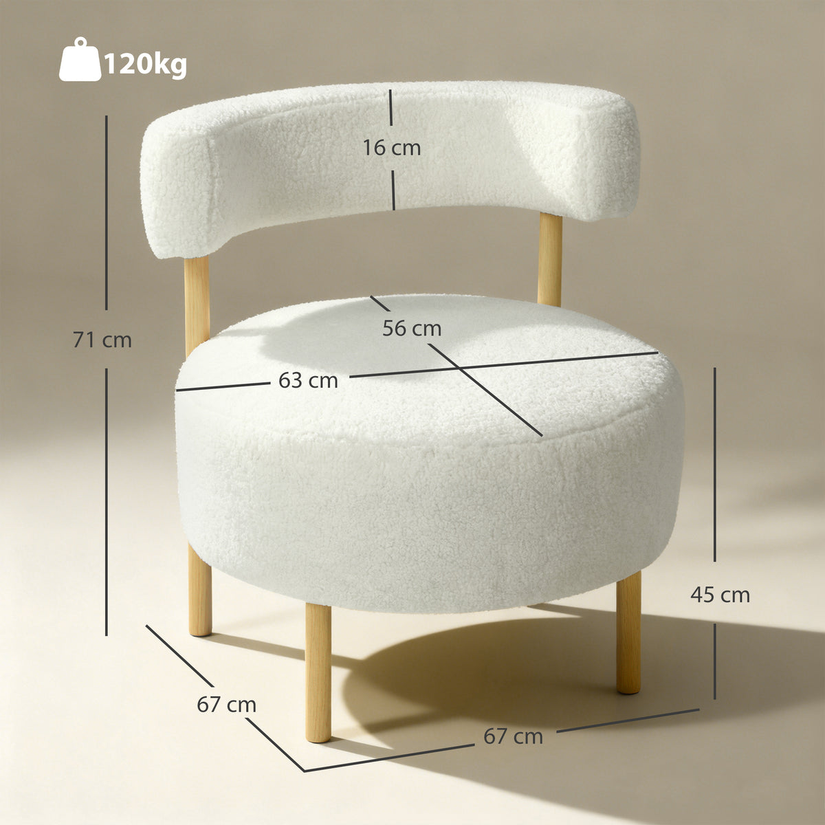 HOMCOM Sessel Loungesessel Relaxsessel mit Sherpa-Fleece, Metallbeinen in Holzoptik Polstersessel 67 x – Produktabbildung 3