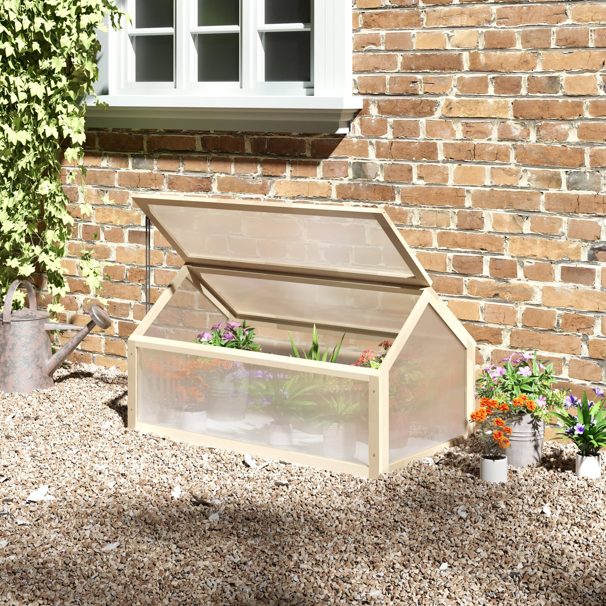 Mini greenhouse, compact wooden plant house, polycarbonate panels, ventilation opening, 90L x 52W x 49.5H cm (2)