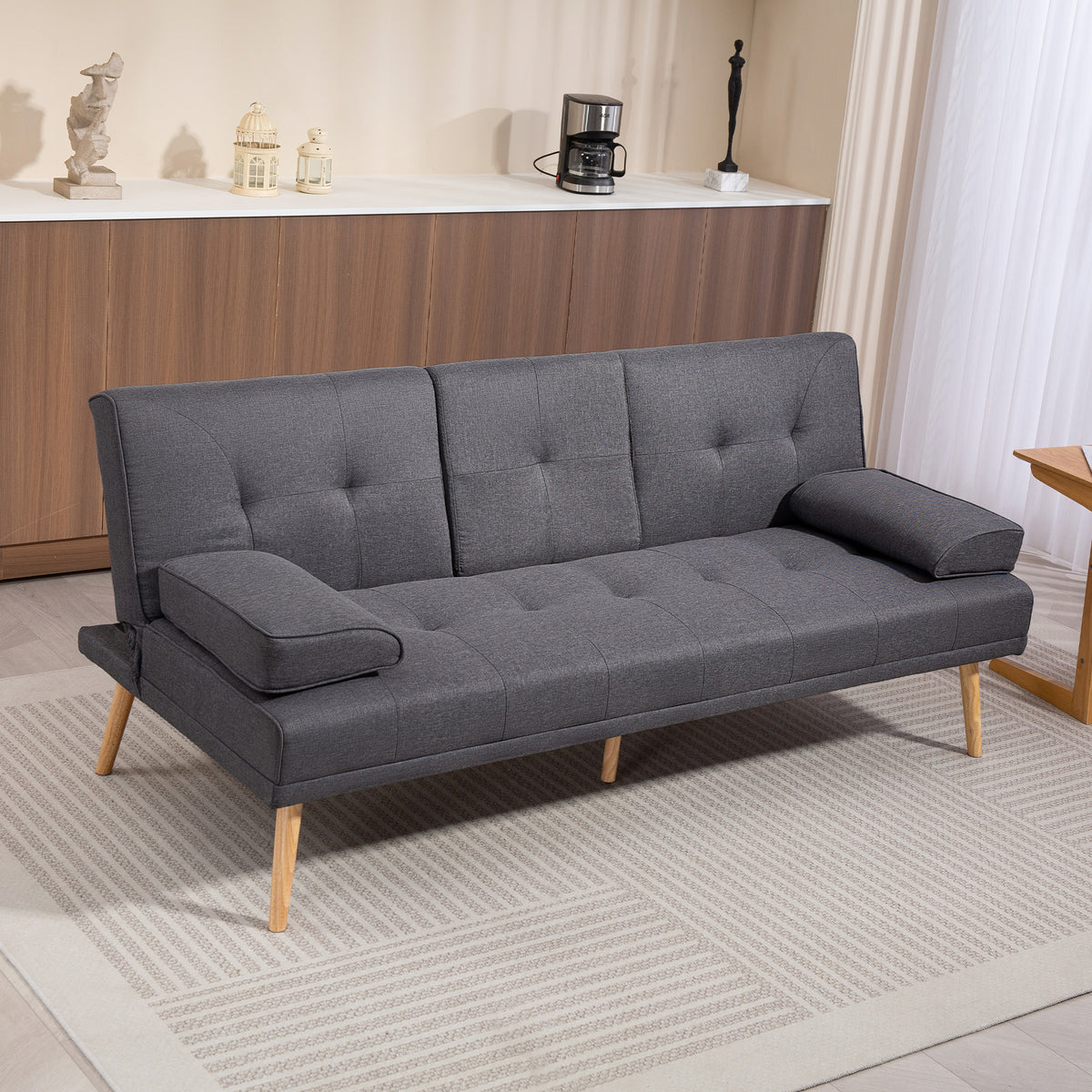 HOMCOM Schlafsofa im Skandi-Design, 3-Sitzer-Sofa, 2 Kissen, Grau + Natur – Produktabbildung 2
