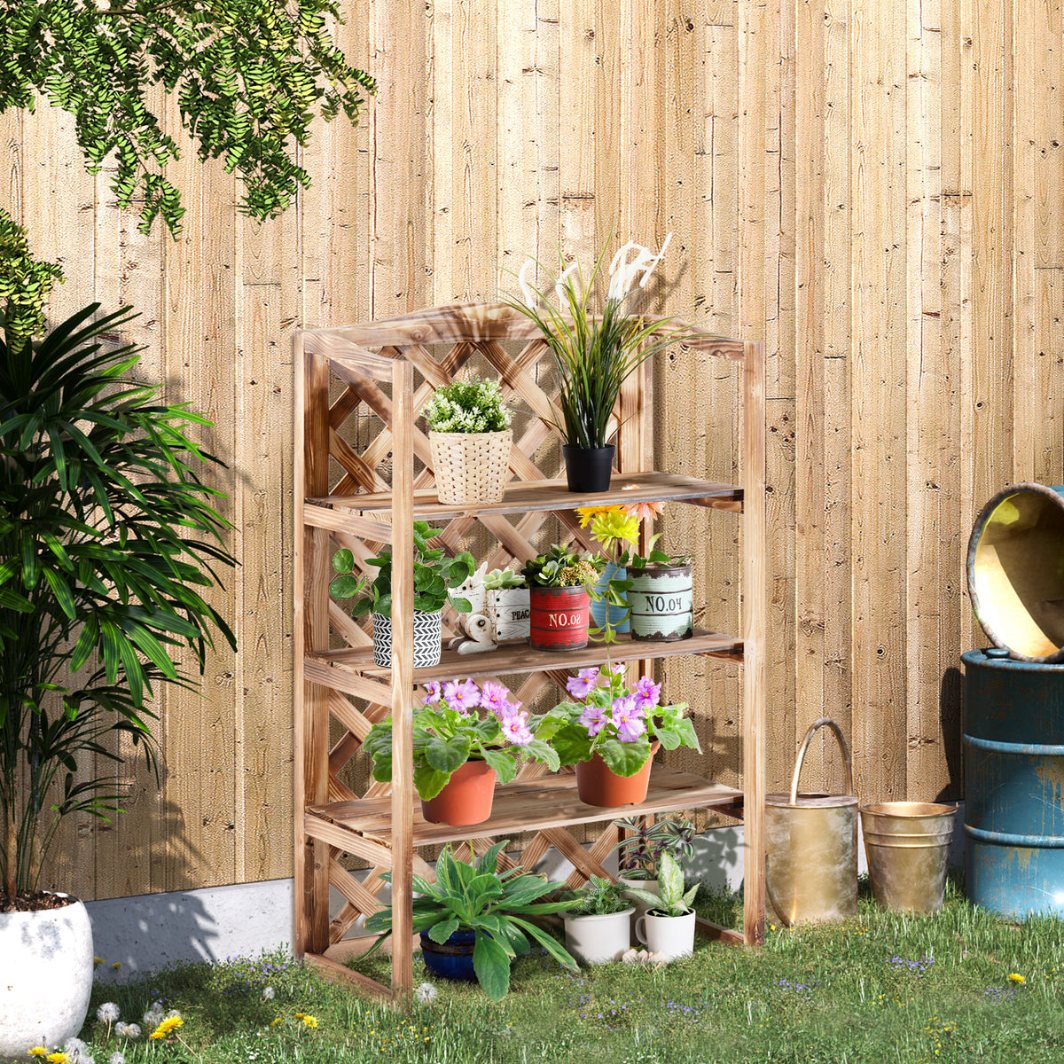 Outsunny Blumenständer Blumenregal Pflanzregal Blumenbank 3 Etagen Tannenholz (Modell8) – Produktabbildung 2