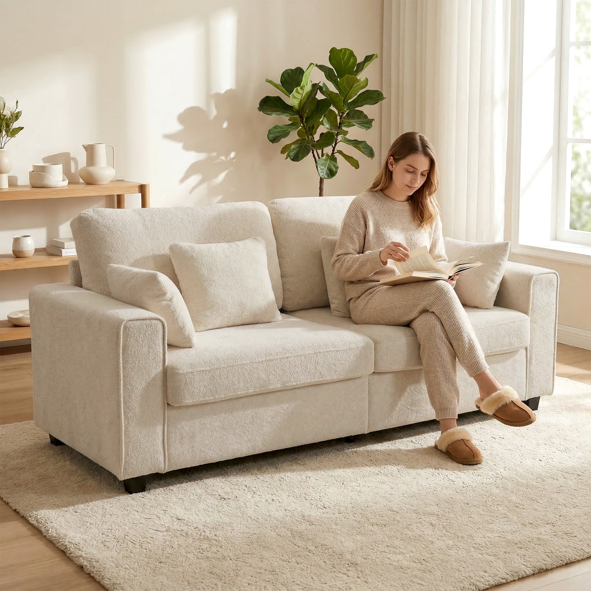 Beige 3-seater sofa with raindrop velvet upholstery, deep seat, feather cushions, wide armrests and 4 pillows (2)