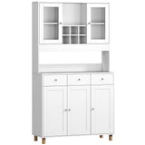 HOMCOM 180 cm Küchenschrank, 2 Glastüren, 3 Schubladen, 4 verstellbare Regale, Esszimmerschrank, Spanplatte