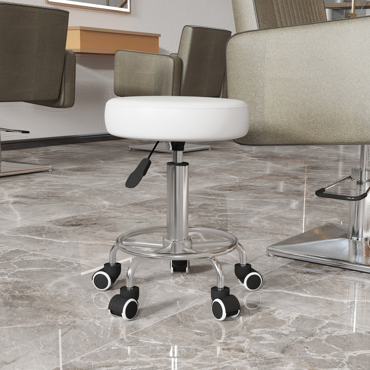 Salon stool, height-adjustable, faux leather, up to 110 kg, Ø42x50-64H cm, white (2)
