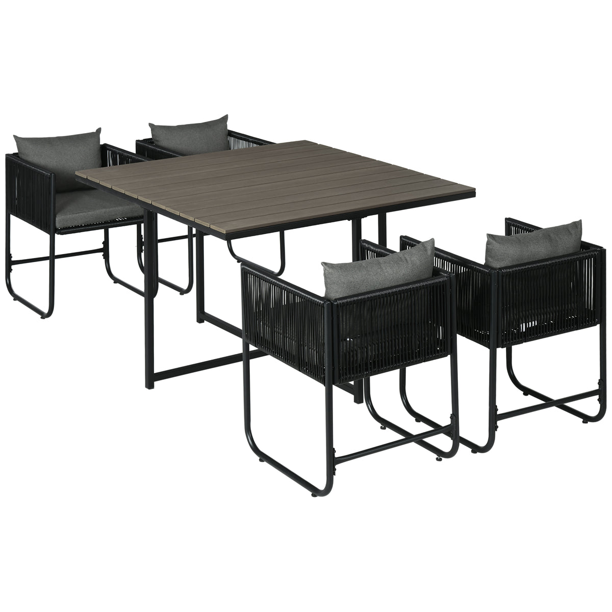 Outsunny Outdoor Essgruppe, Gartengarnitur, 5-teilig, Polyrattan, Sitzkissen, wetterfest, Schwarz/Grau