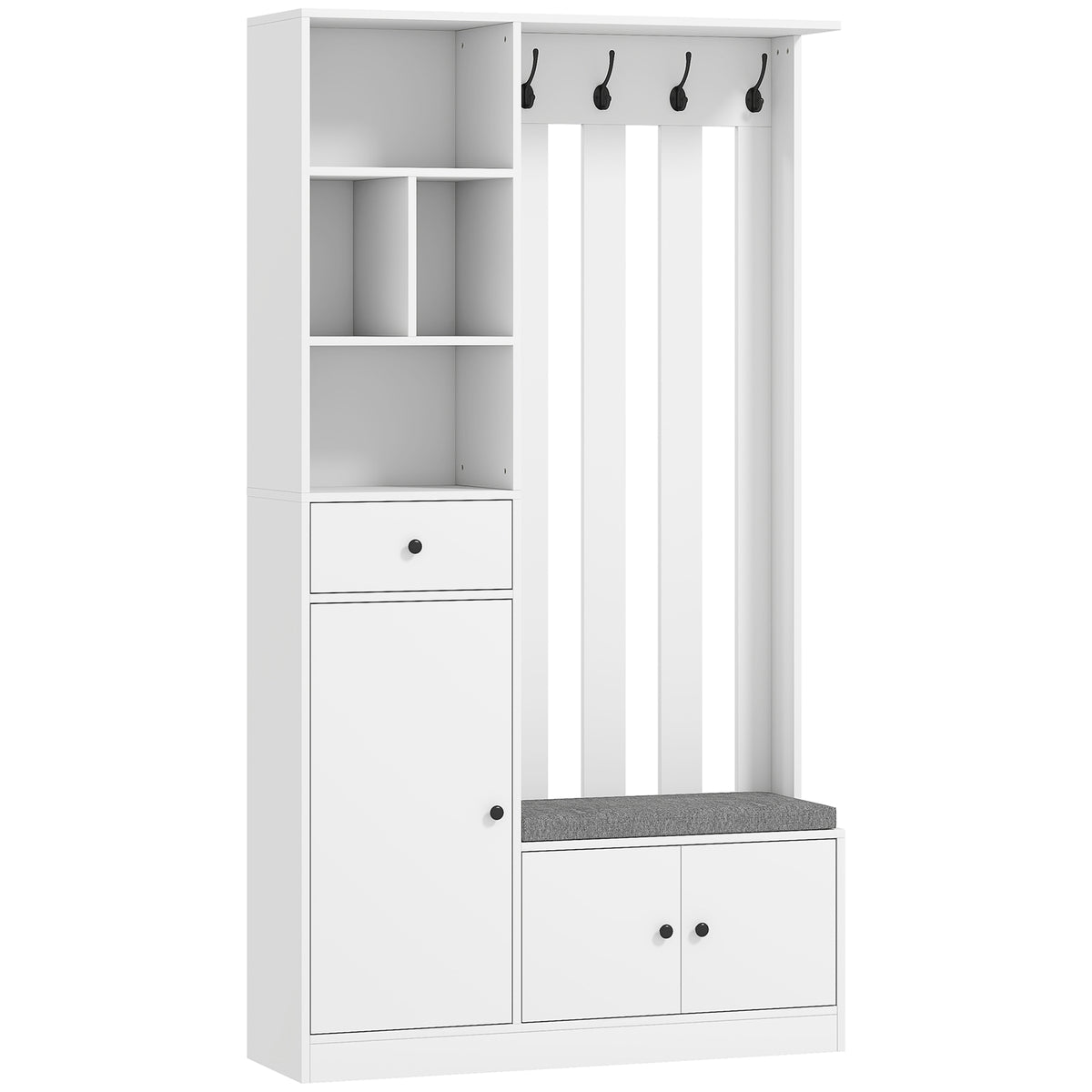 HOMCOM 180 cm Garderobenschrank mit Kleiderständer, Schuhbank, 4 Haken, offene Ablageflächen, MDF, Weiß