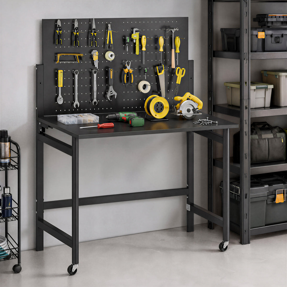 HOMCOM Werkbank mit Lochwand, Klappbare Mobile Werkbank mit Rollen, Dicke Arbeitsplatte, Stahlrahmen – Produktabbildung 2