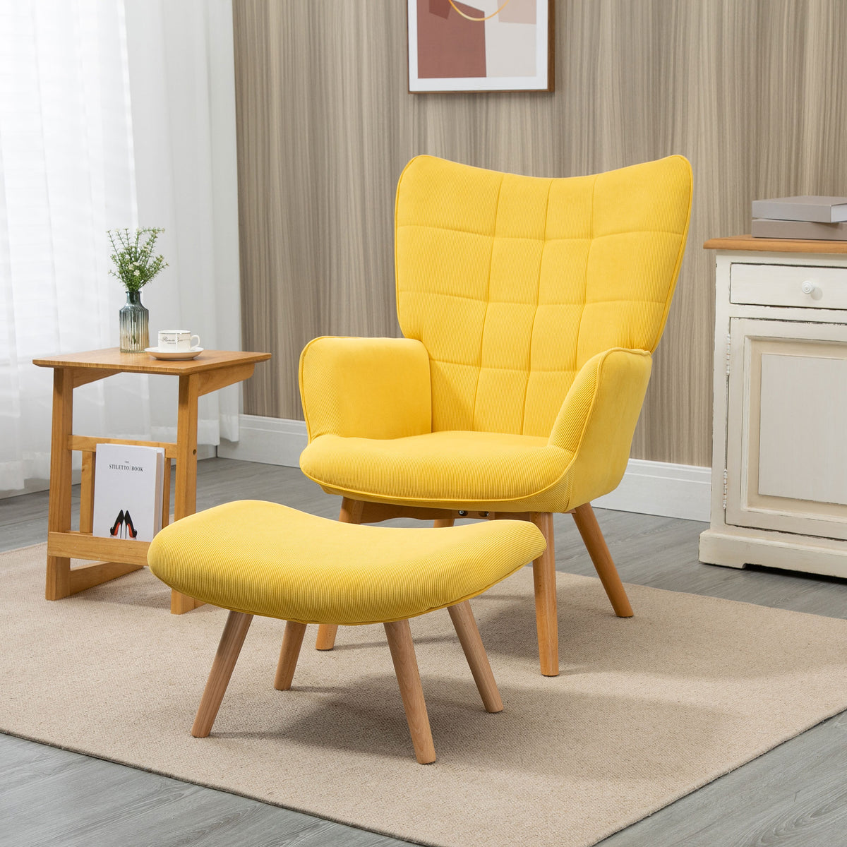 Accent chair with ottoman, corduroy-look lounge chair, armchair with wooden legs, for living room, yellow (2)