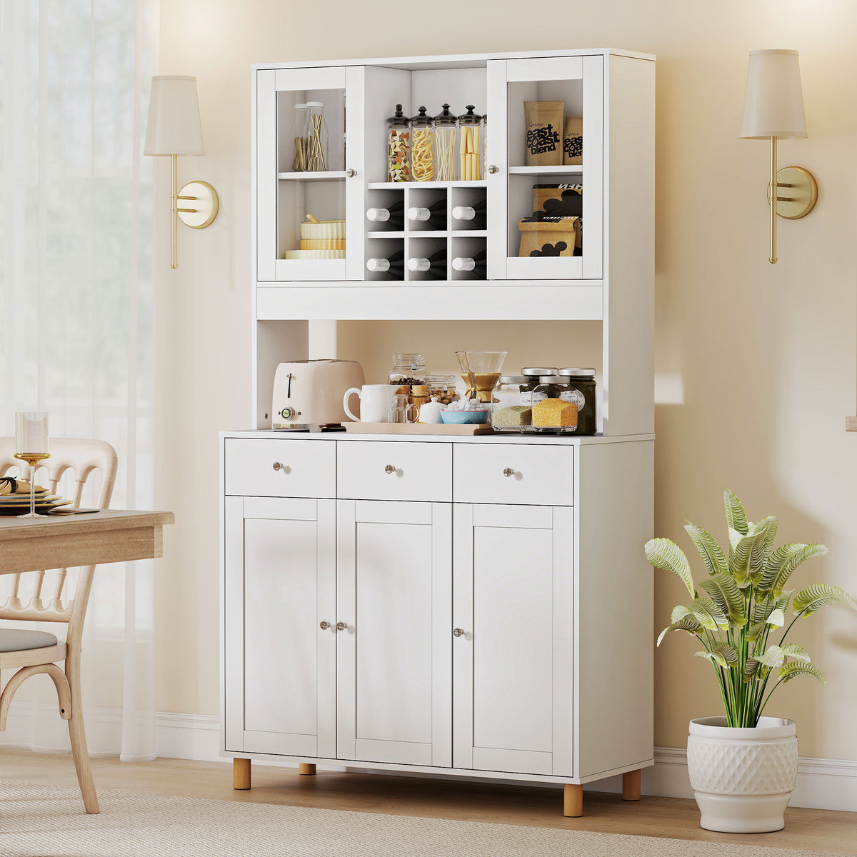 HOMCOM 180 cm Küchenschrank, 2 Glastüren, 3 Schubladen, 4 verstellbare Regale, Esszimmerschrank – Produktabbildung 2