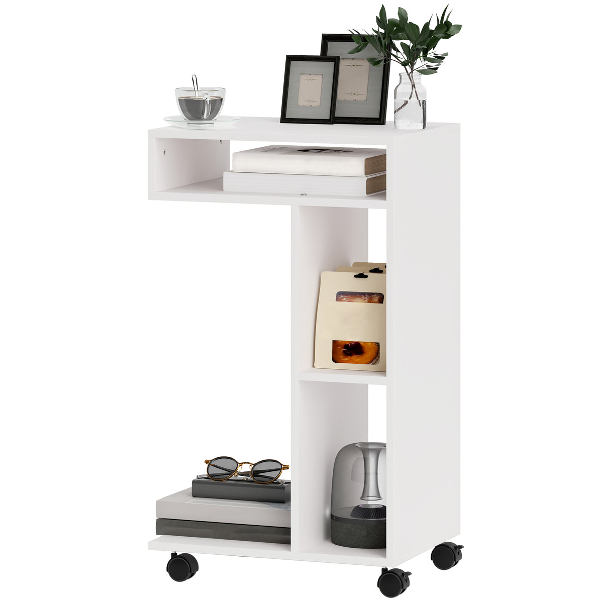 Side table, C-shaped serving cart, 4 casters, 3 compartments, 40 x 30 x 69 cm, white