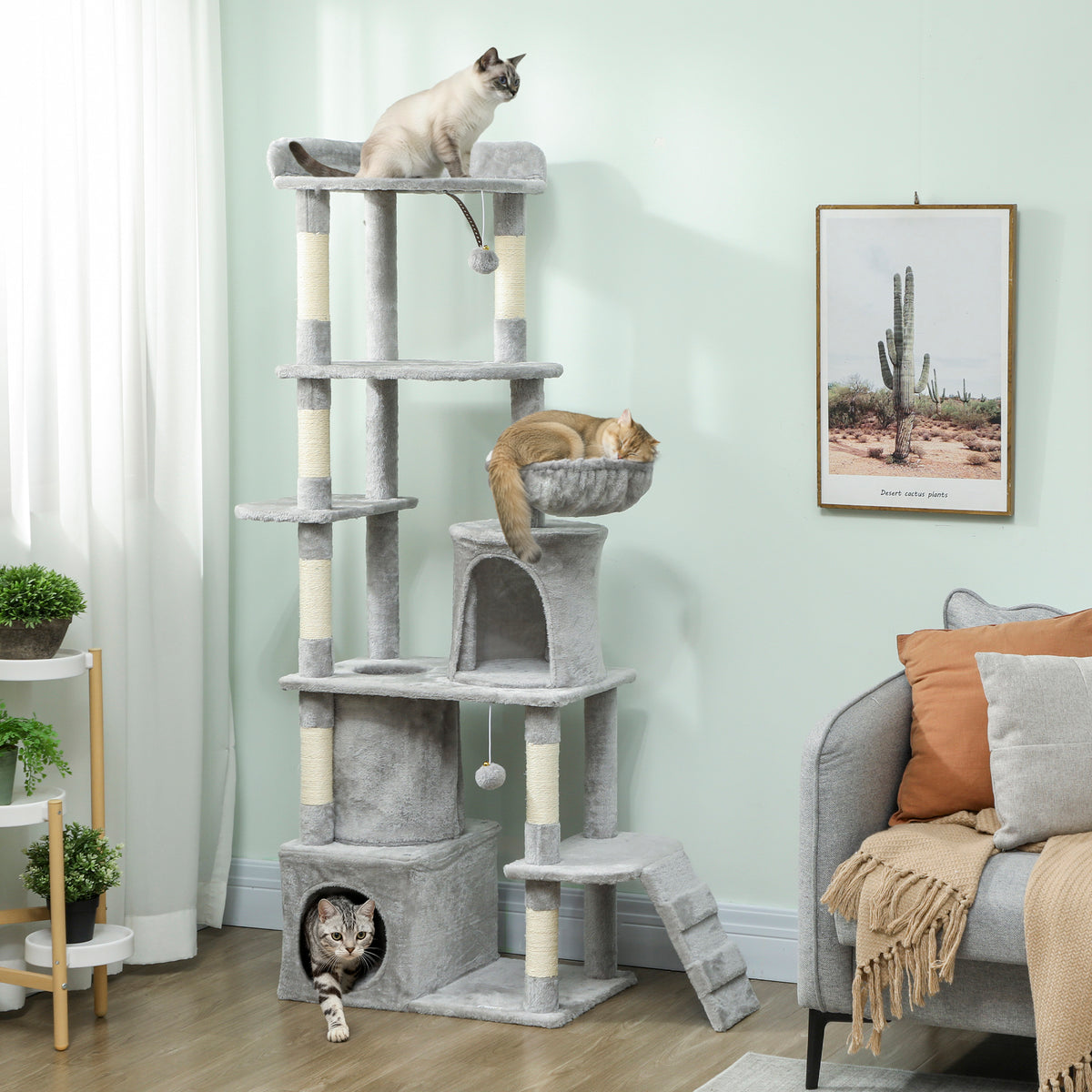 PawHut Katzenkratzbaum, 170 cm, Tunnel, Höhlen, große Basis, Sisalpfosten, Hellgrau – Produktabbildung 2