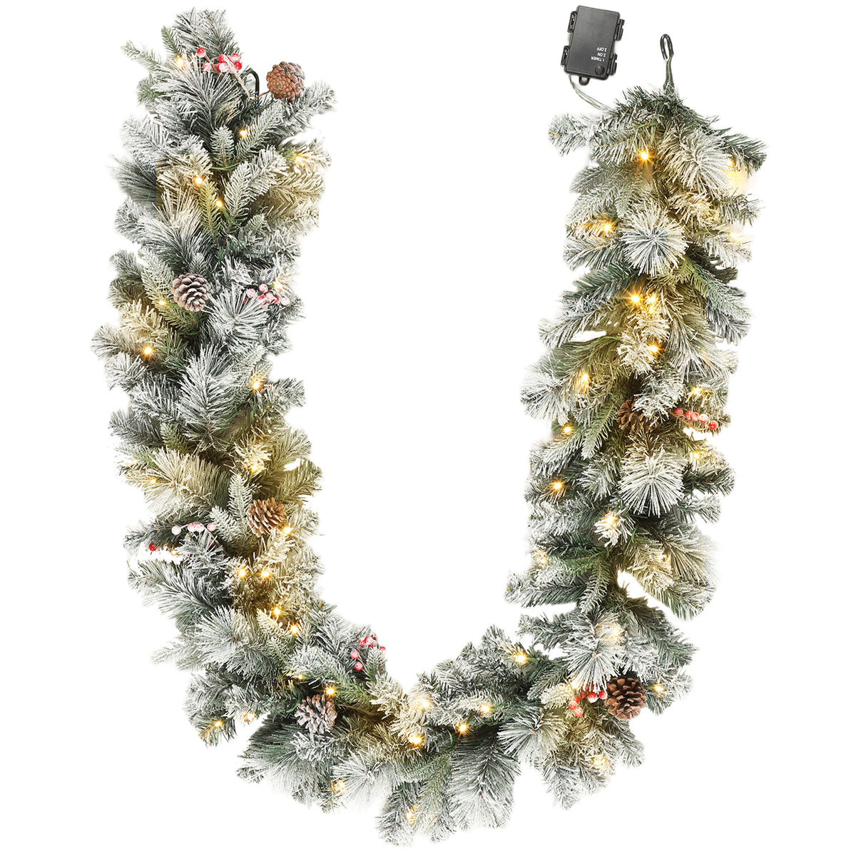 Christmas garland with 216 snow-dusted branches, 50 LED lights, Ø25x180 cm, green & white
