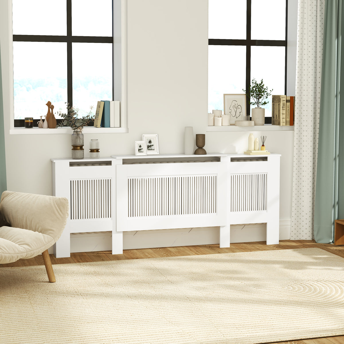HOMCOM Heizkörperverkleidung, Lamellendesign, verstellbare Länge 125-201 cm, MDF, Weiß – Produktabbildung 2