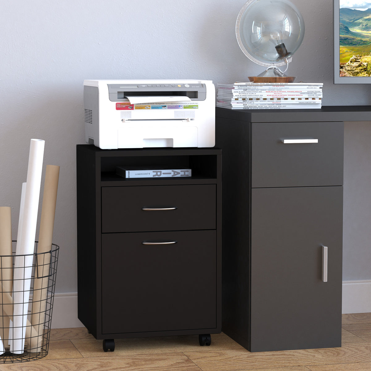 Mobile pedestal, drawer unit, container, 1 compartment, 1 shelf, 1 drawer, 40 cm x 3 cm x 60 cm, black (2)