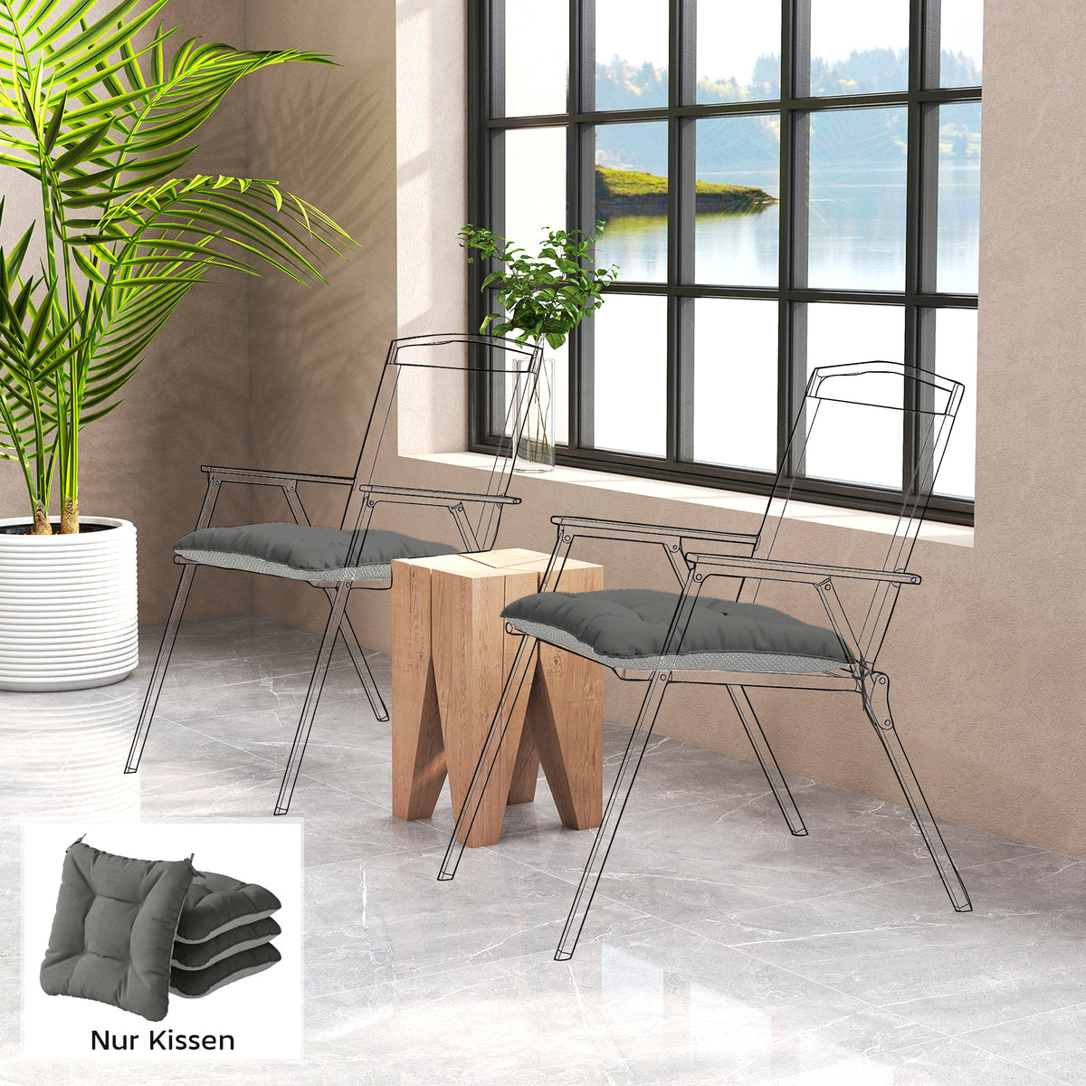 Set of 4 seat cushions 39.5 x 39.5 x 10 cm chair cushions with ties, non-slip outdoor indoor seat pad (2)