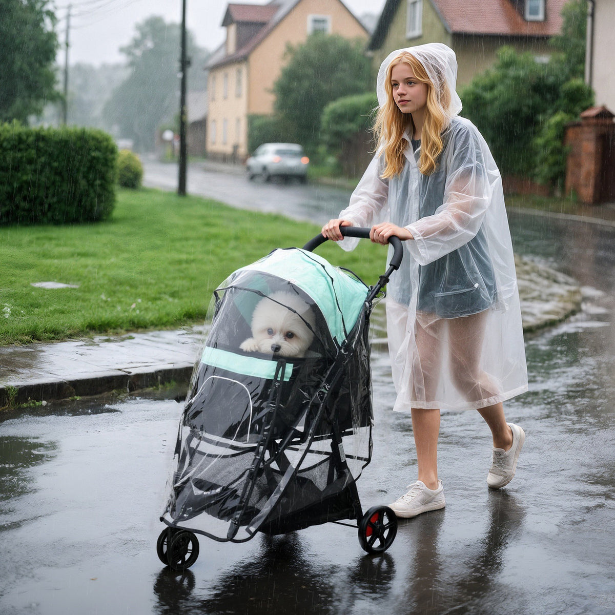 PawHut Haustierbuggy Hundebuggy, klappbar, mit Regenschutz, 2 Getränkehalter, Blau + Grün – Produktabbildung 2