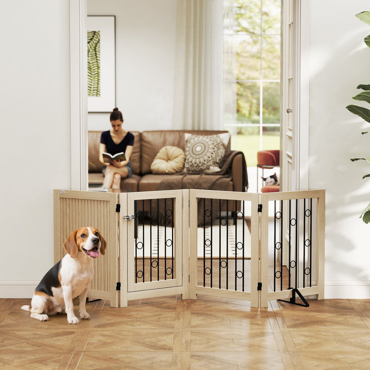 PawHut Freistehendes Haustiertor, Hundegitter mit Tür, 4 Paneele, für Flur, Treppe, Türrahmen, MDF – Produktabbildung 2