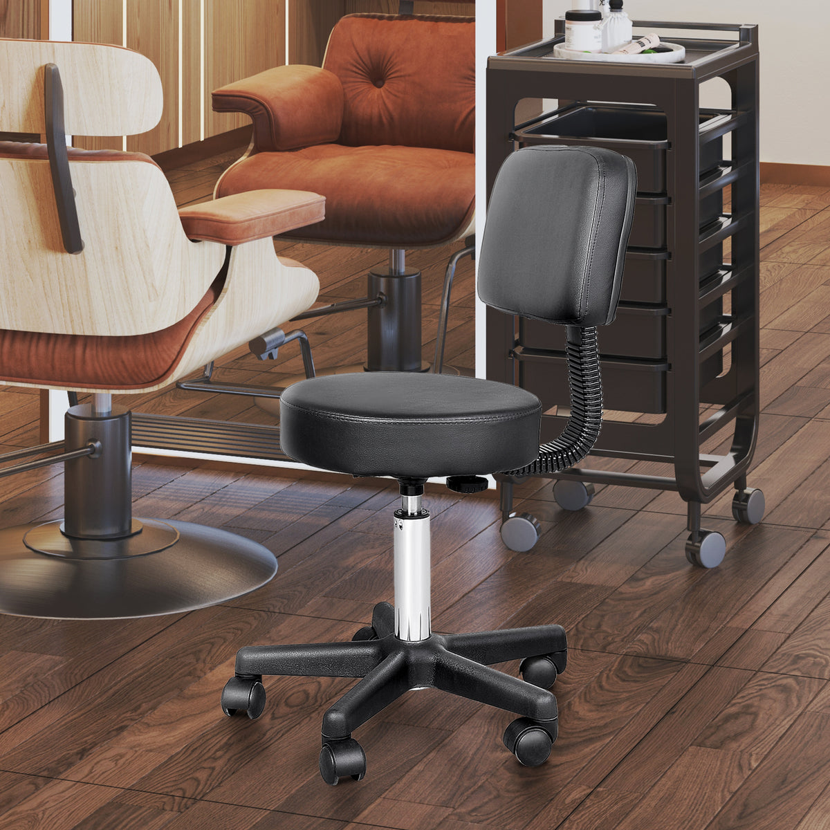 Height-adjustable rolling stool with backrest, swivel stool 72-84 cm, 360° rotatable work stool, office stool (2)